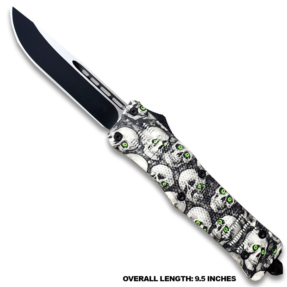 3D Skull with Black & White Zombie Straight Blade OTF Knife