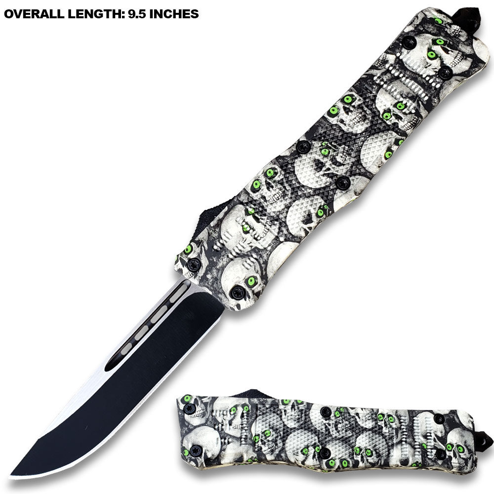 3D Skull with Black & White Zombie Straight Blade OTF Knife