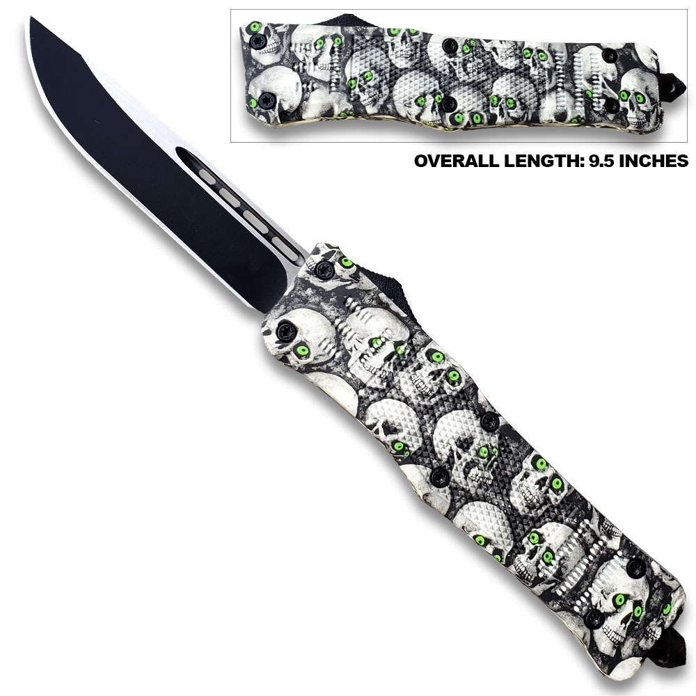 3D Skull with Black & White Zombie Straight Blade OTF Knife