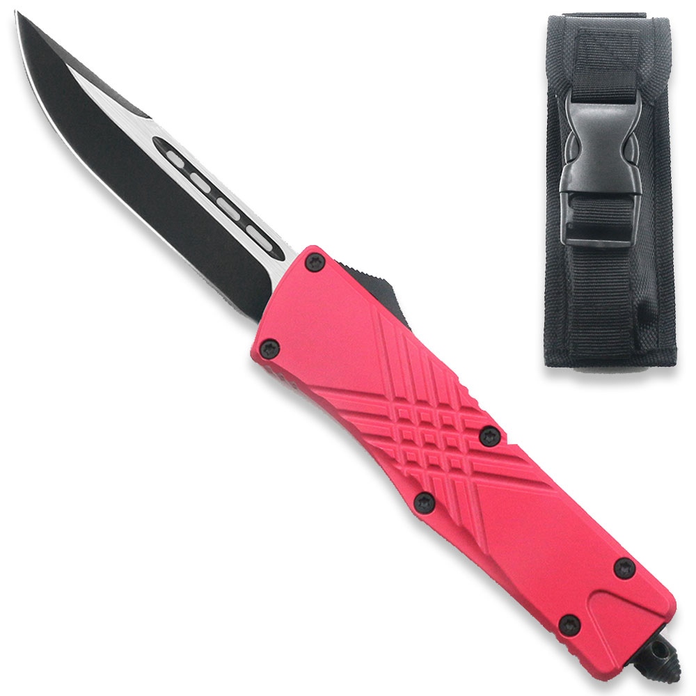 Pink Straight Edge Demolisher OTF Knife - Clip Plain USA