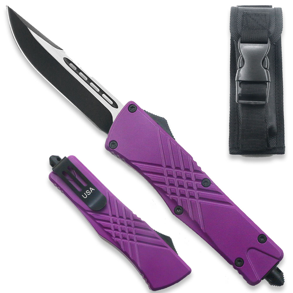 Purple Straight Edge Demolisher OTF Knife - Clip Plain USA
