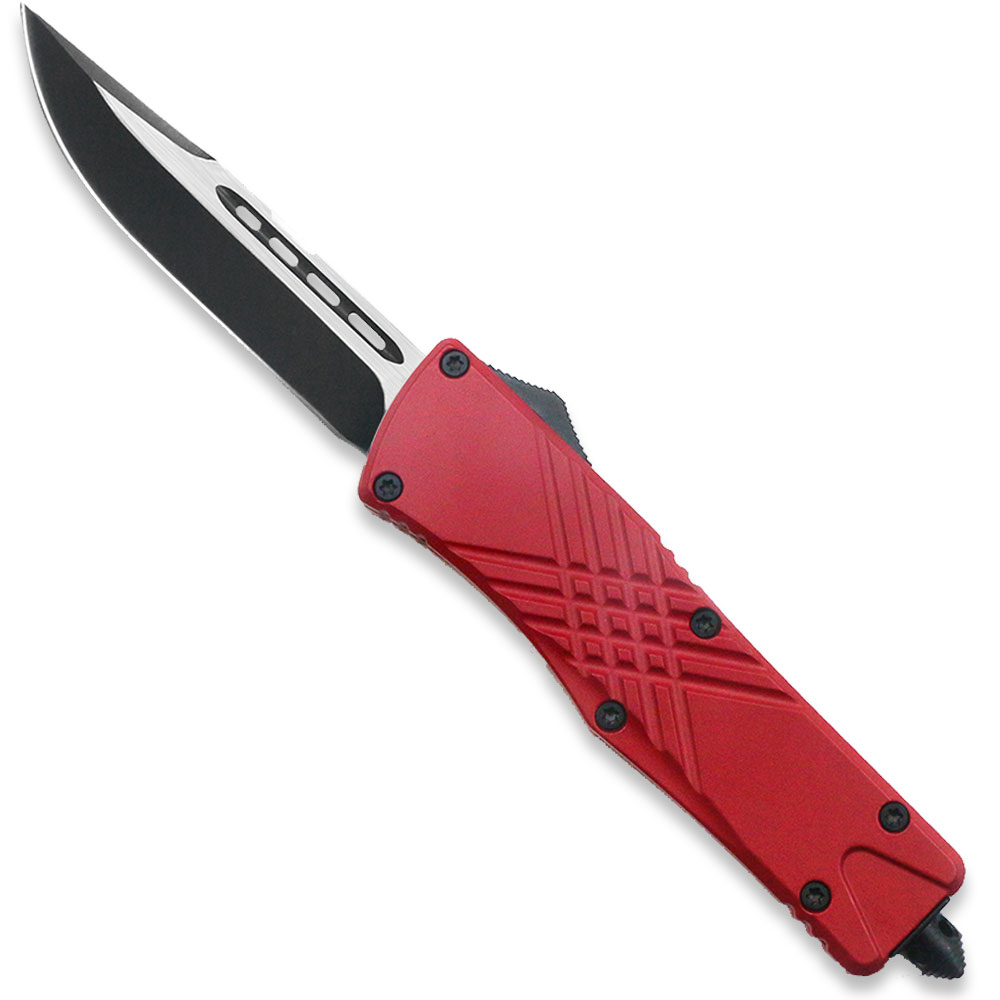 Red Straight Edge Demolisher OTF Knife - Clip Plain USA