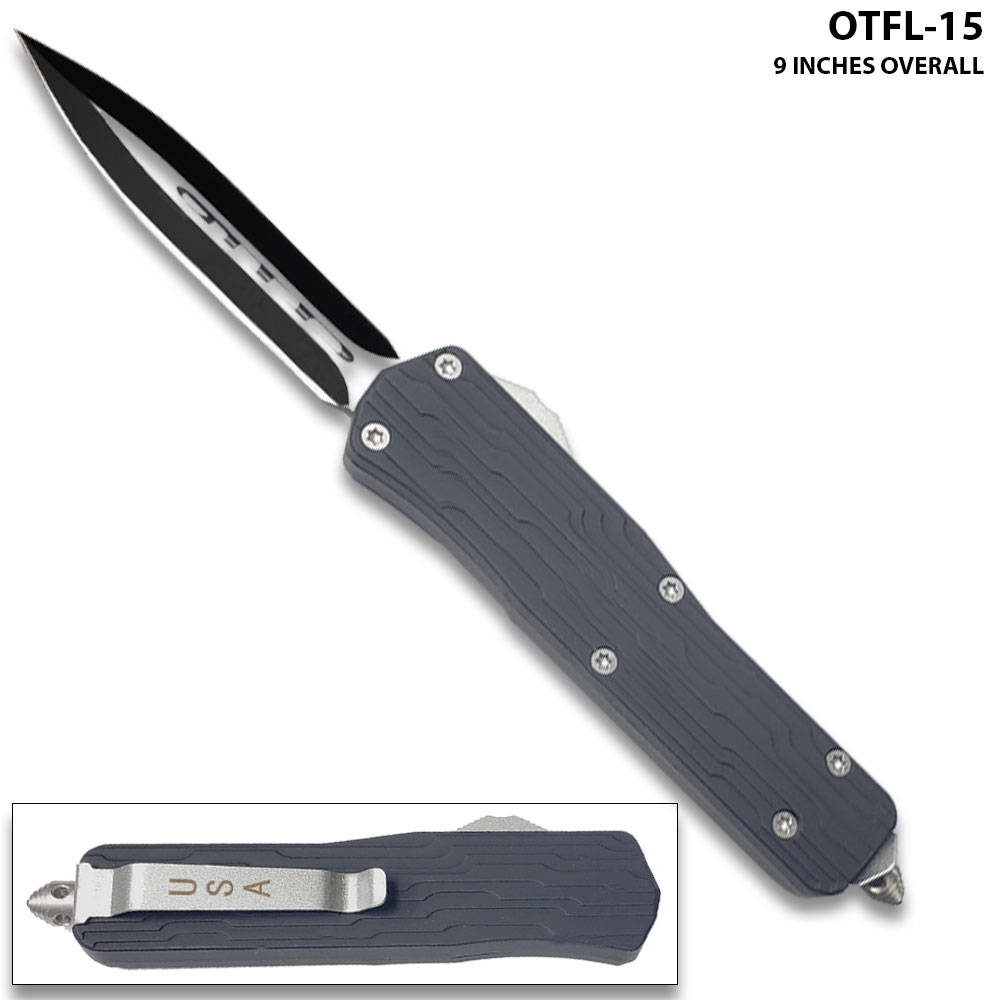 Double Edge Black OTF Knife w/Comfort Grip Handle Double Edge