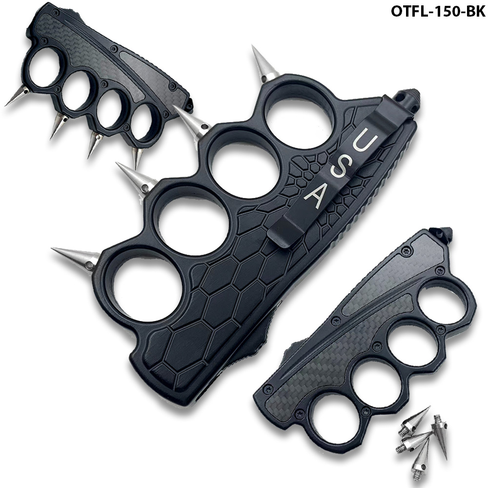 Carbon Fiber USA Knuckle OTF Knife Elite Collection Black With Silver Spike