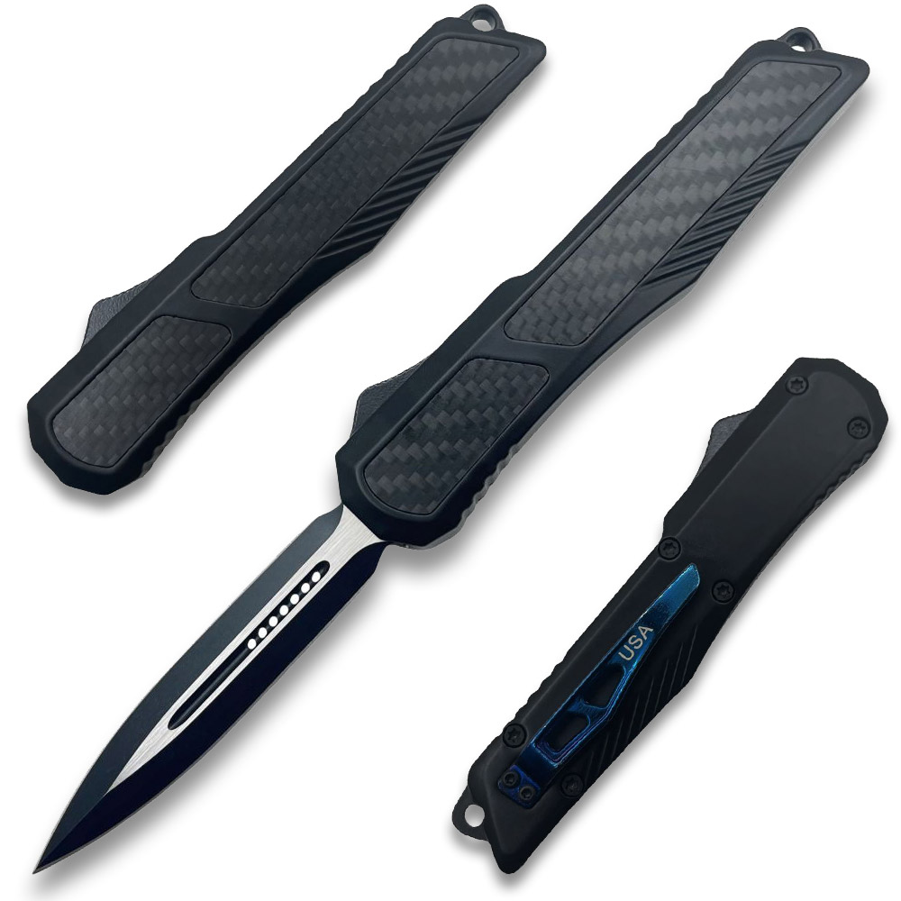 Delta Slim OTF Knife Out The Front Tactical  Straight Edge Black Carbon Fiber Handle