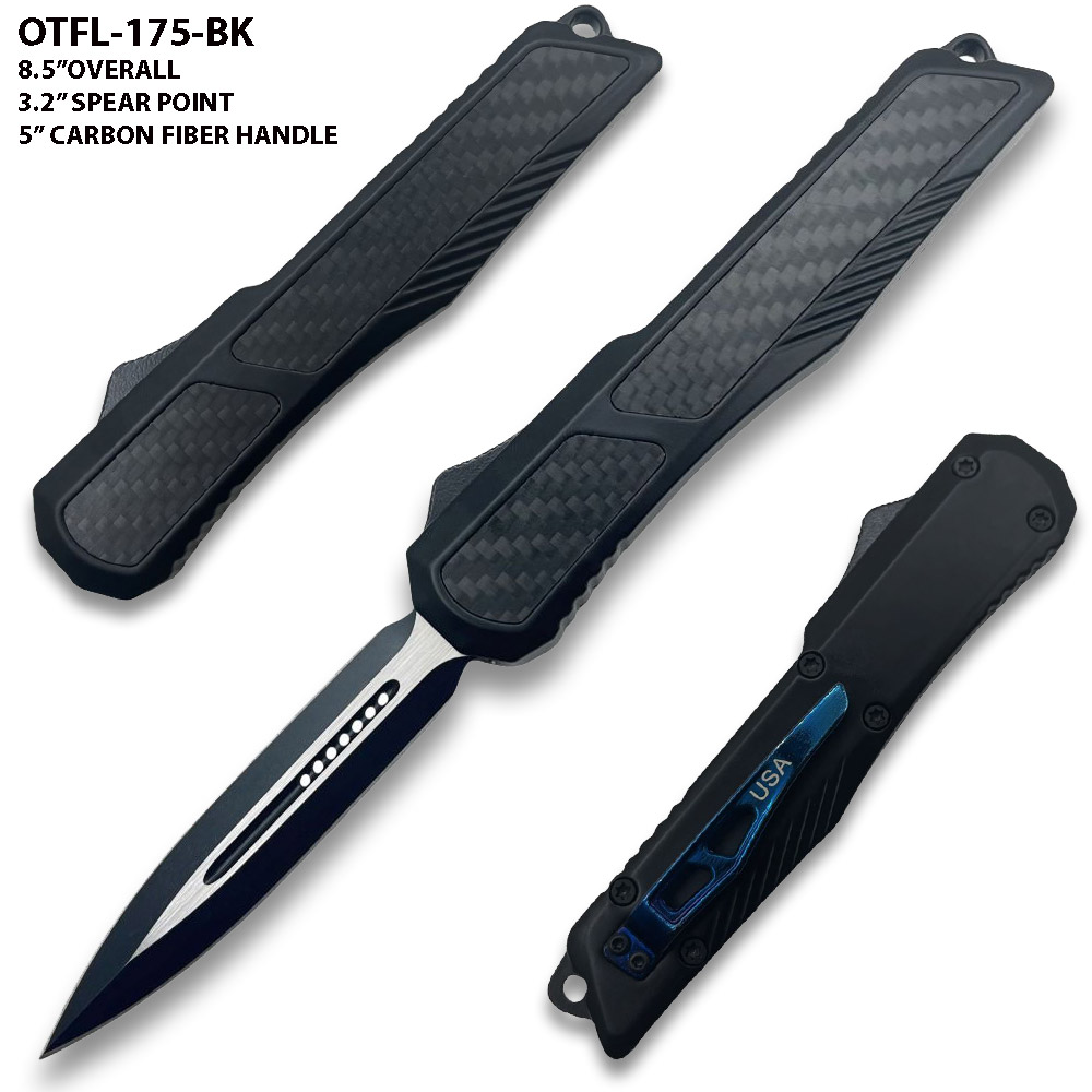 Delta Slim OTF Knife Out The Front Tactical  Straight Edge Black Carbon Fiber Handle