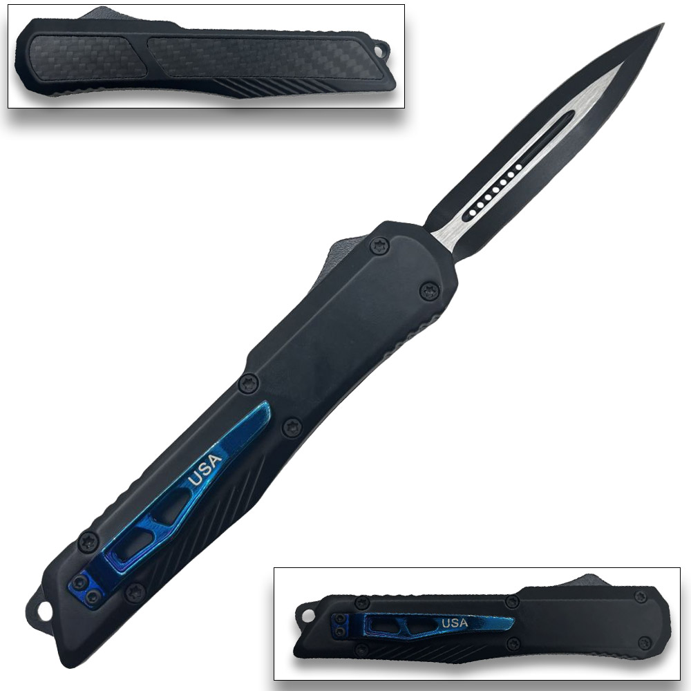 Delta Slim OTF Knife Out The Front Tactical  Straight Edge Black Carbon Fiber Handle