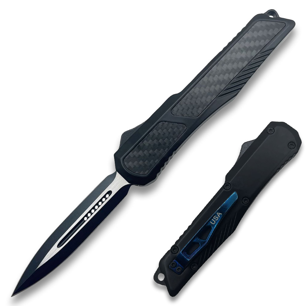 Delta Slim OTF Knife Out The Front Tactical  Straight Edge Black Carbon Fiber Handle