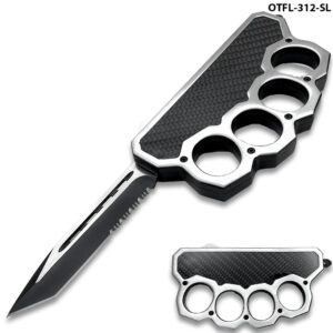 Silver Carbon Fiber Handle USA Knuckle OTF Knife -Tanto Half Serrated Edge Elite Collection