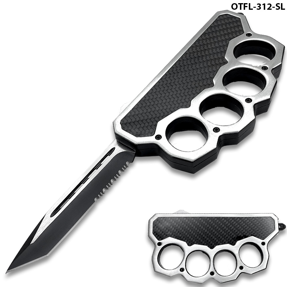 Silver Carbon Fiber Handle USA Knuckle OTF Knife -Tanto Half Serrated Edge Elite Collection