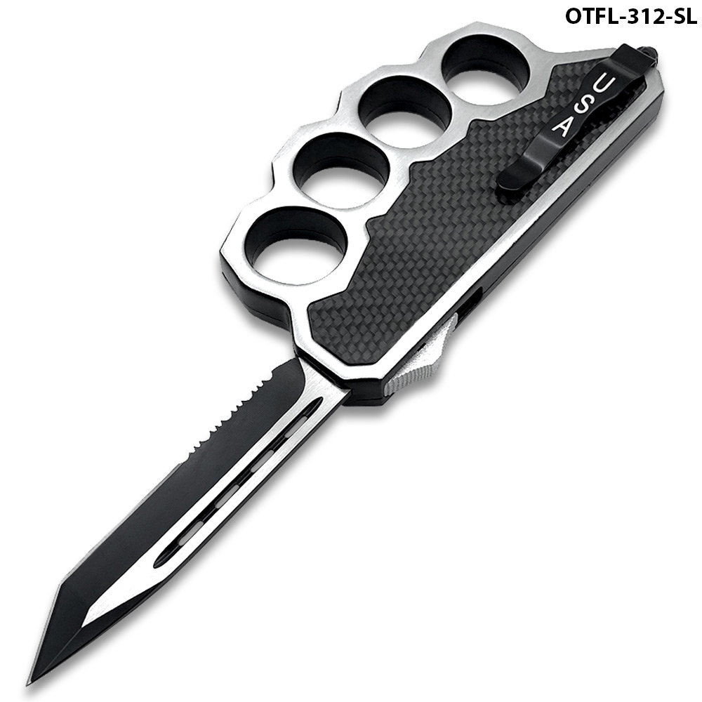 Silver Carbon Fiber Handle USA Knuckle OTF Knife -Tanto Half Serrated Edge Elite Collection