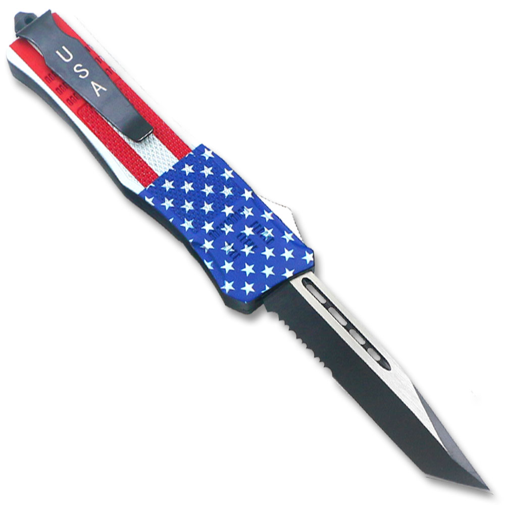 American Flag Swift OTF Knife TANTO Edge Serrated Blade