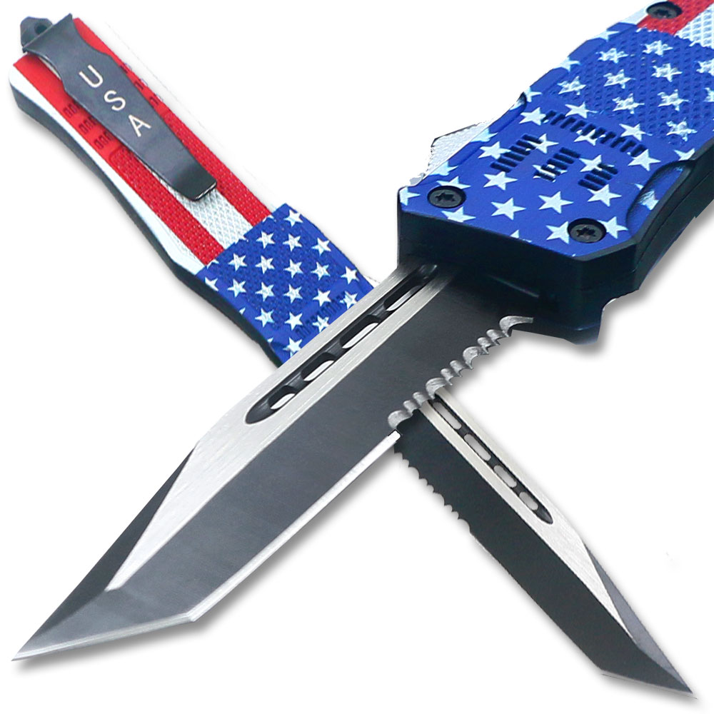 American Flag Swift OTF Knife TANTO Edge Serrated Blade