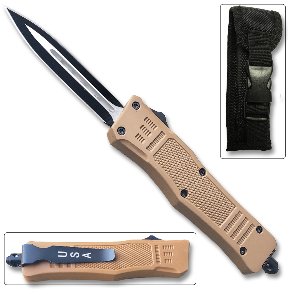 Brown Legacy OTF Knife Spear Point, Double Edged Blade