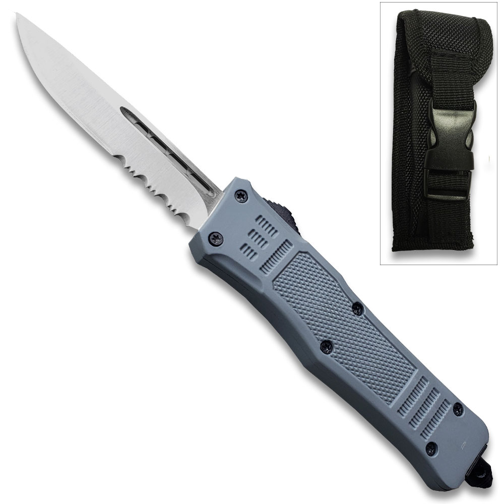 Grey Legacy Edge OTF Knife Half Serrated/Half Plain Drop Point Blade