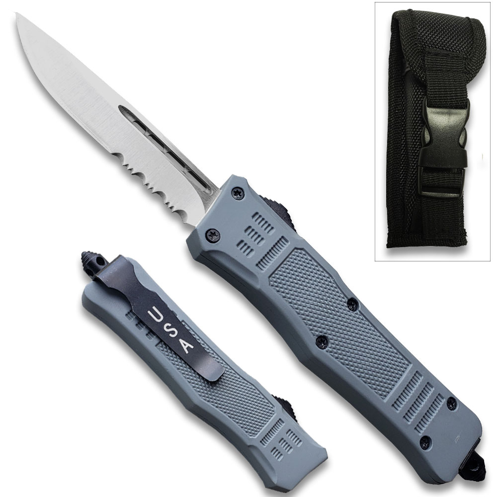Grey Legacy Edge OTF Knife Half Serrated/Half Plain Drop Point Blade
