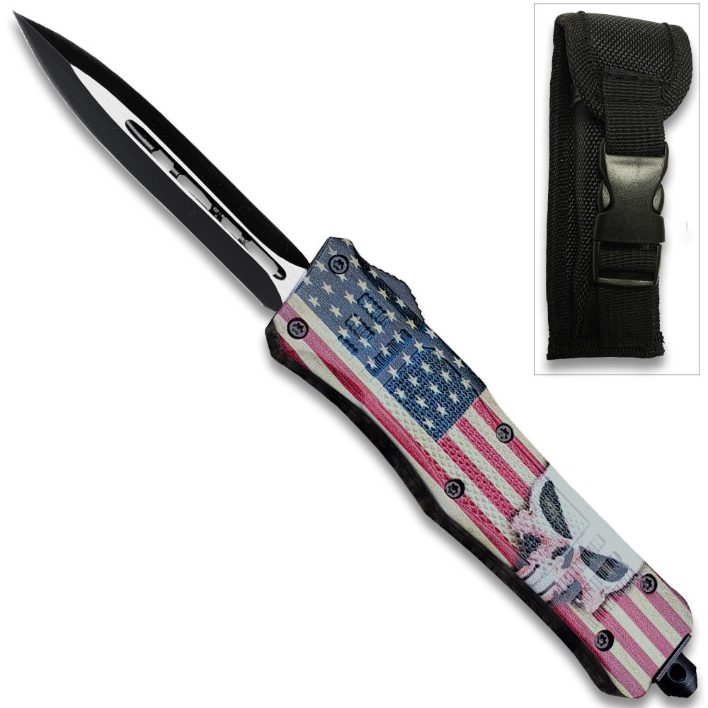 American Punisher Swift OTF Knife Double  Edge Blade American Flag