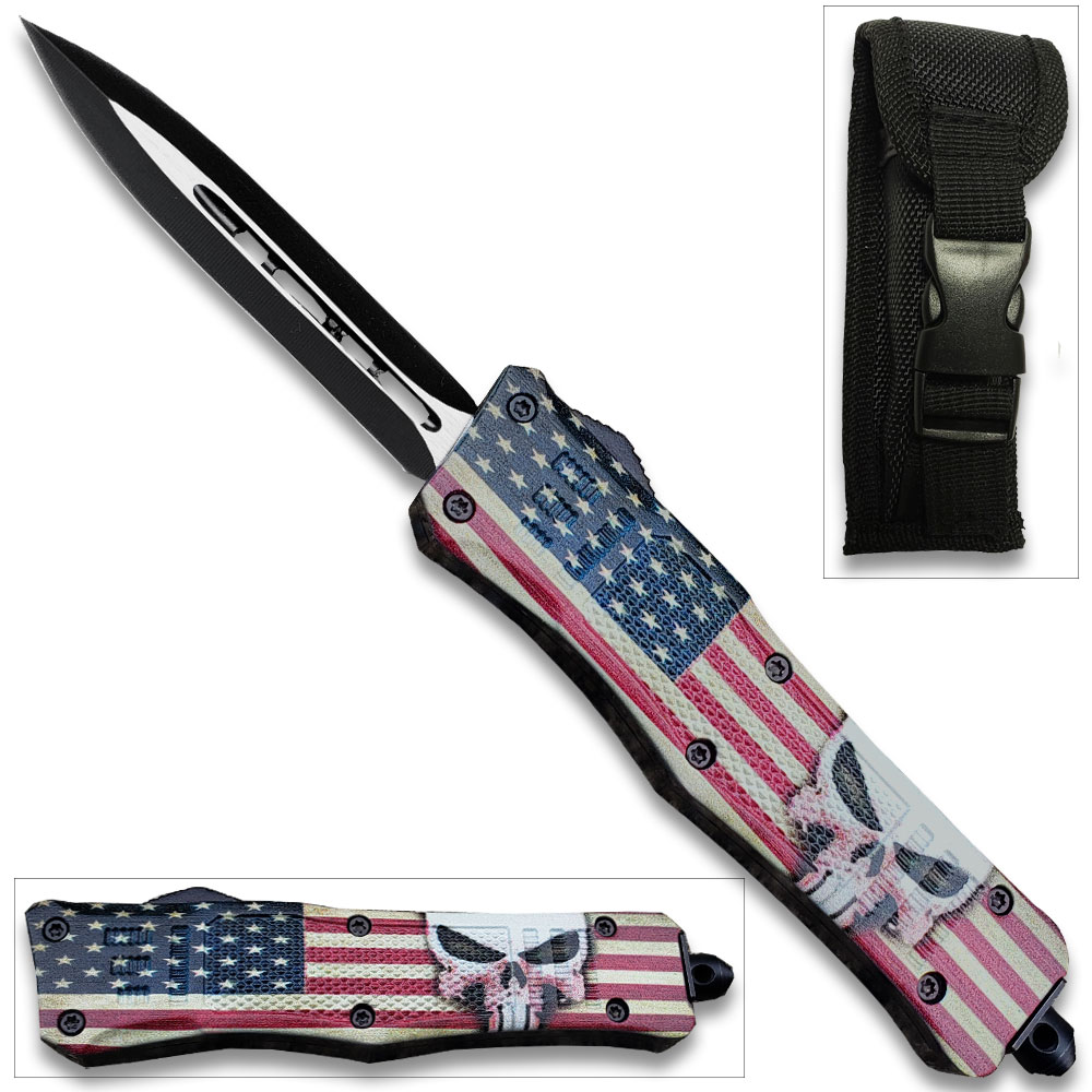 American Punisher Swift OTF Knife Double  Edge Blade American Flag