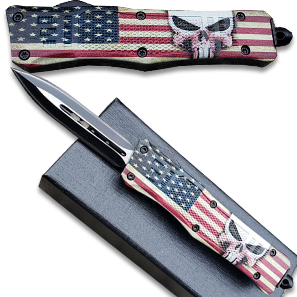 American Punisher Swift OTF Knife Double  Edge Blade American Flag