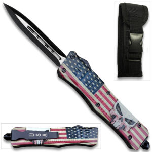 American Punisher Swift OTF Knife Double  Edge Blade American Flag