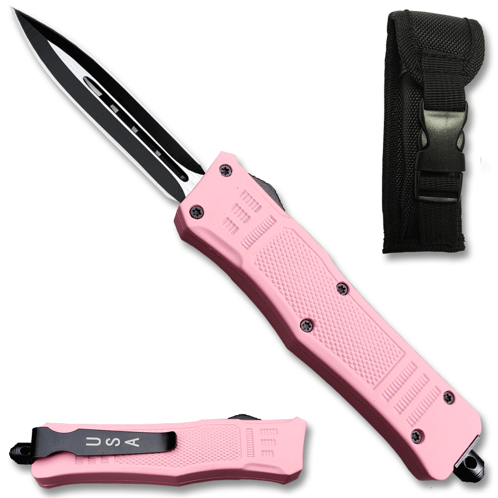 Pink Legacy Edge OTF Knife Spear Point, Double Edged Blade