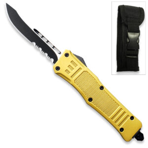 Yellow Edition Legacy Edge OTF Knife Drop Point Half Serrated Edge Blade