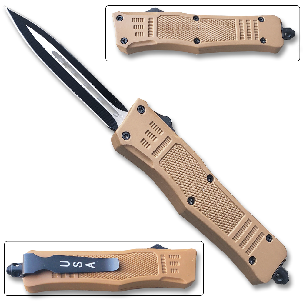 Brown Legacy OTF Knife Spear Point, Double Edged Blade