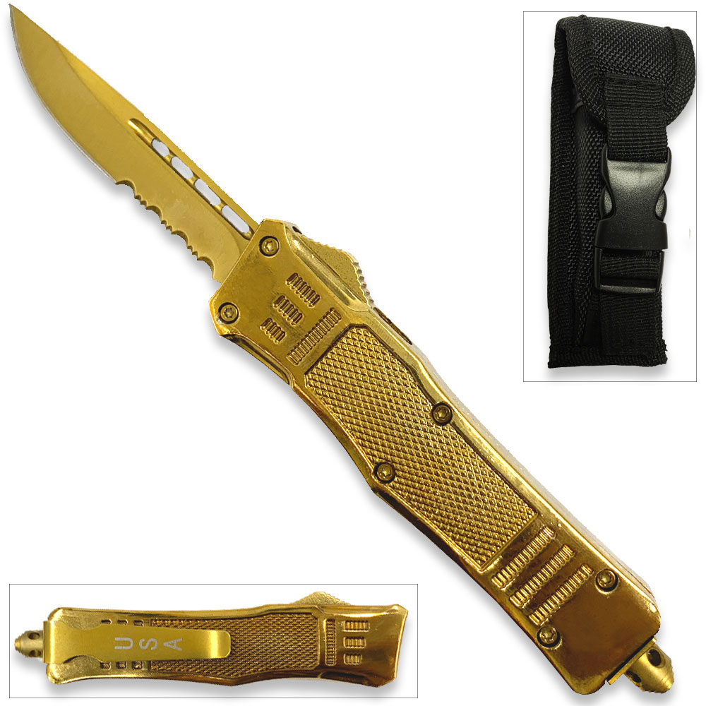 Gold Edition Legacy Edge OTF Knife Drop Point Half Serrated Edge Blade