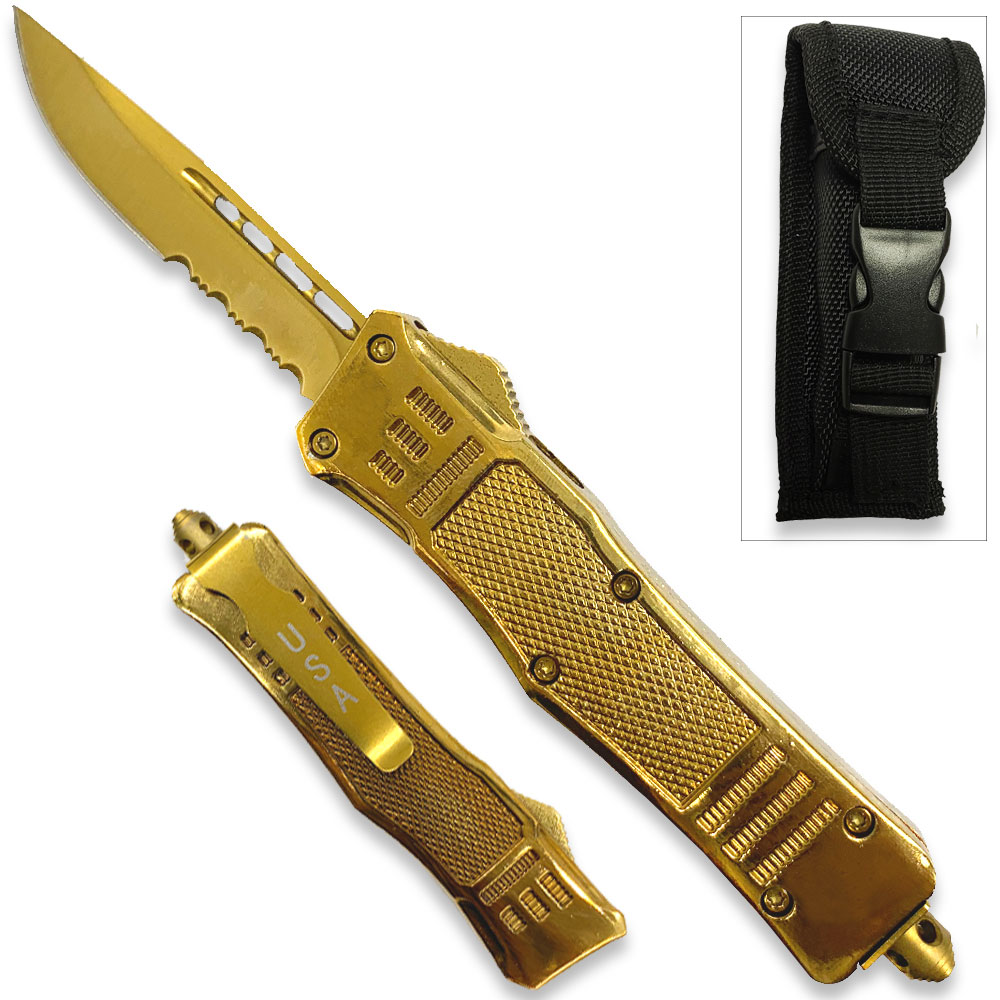 Gold Edition Legacy Edge OTF Knife Drop Point Half Serrated Edge Blade
