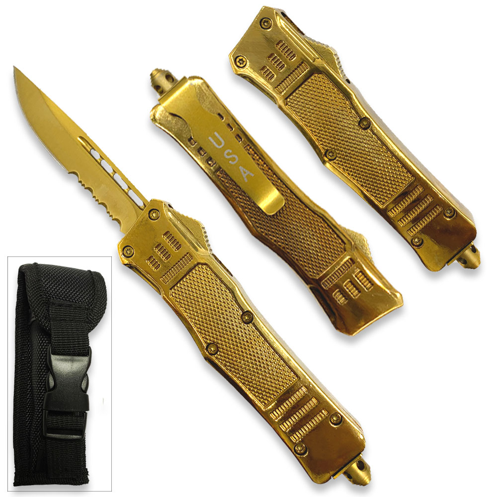 Gold Edition Legacy Edge OTF Knife Drop Point Half Serrated Edge Blade