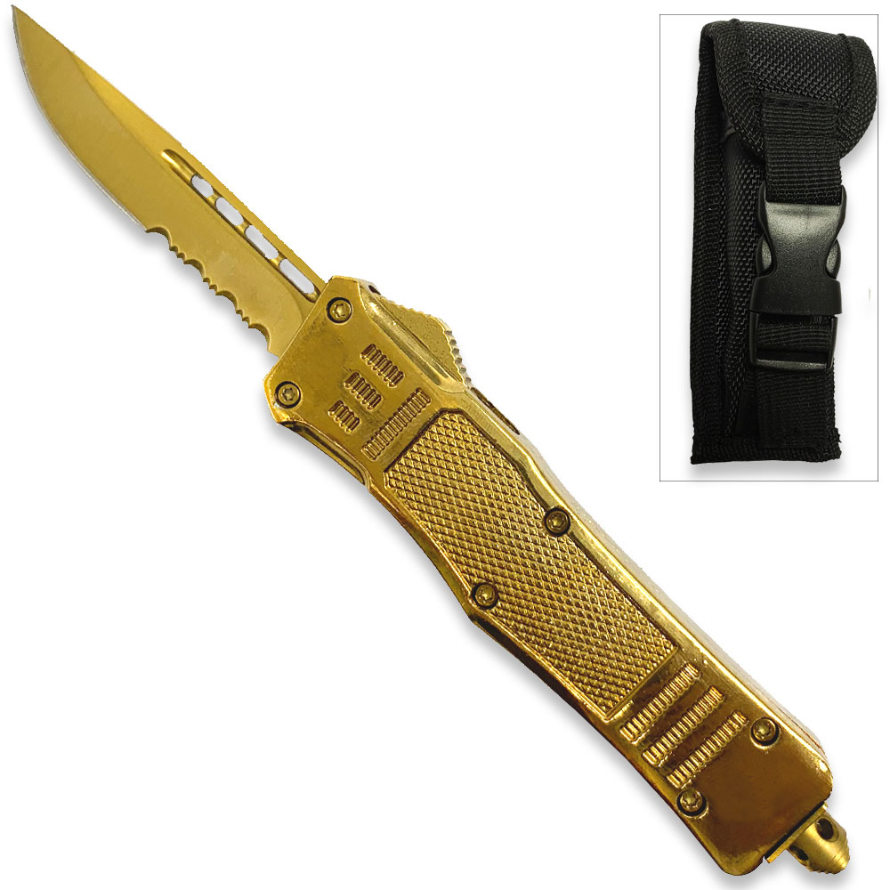 Gold Edition Legacy Edge OTF Knife Drop Point Half Serrated Edge Blade