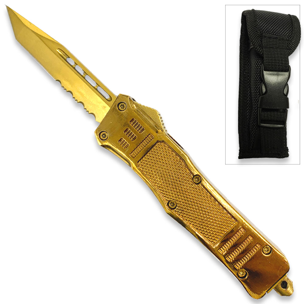 Gold Edition Legacy Edge OTF Knife Tanto Point Half Serrated Edge Blade