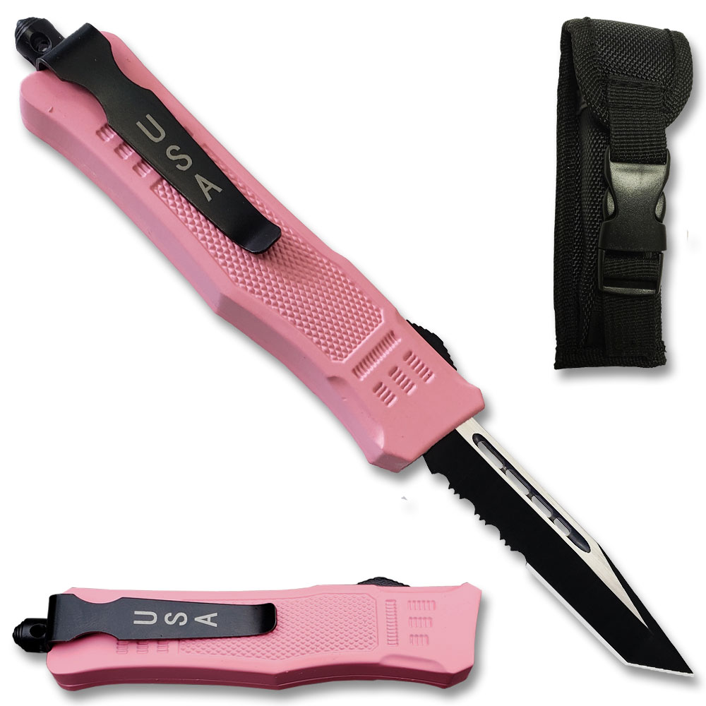 Pink Legacy Edge OTF Knife Tanto Point, Serrated Blade