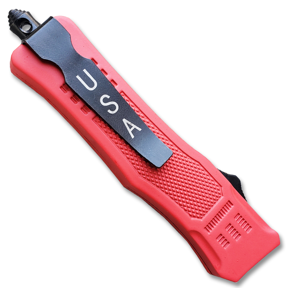 Red Legacy OTF Knife Spear Point, Double Edged Blade