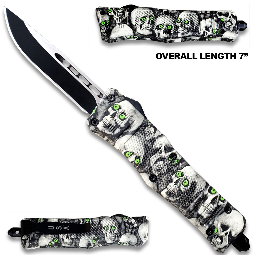 3D Skull with Black & White Zombie Straight Blade OTF Knife W/Green Eye