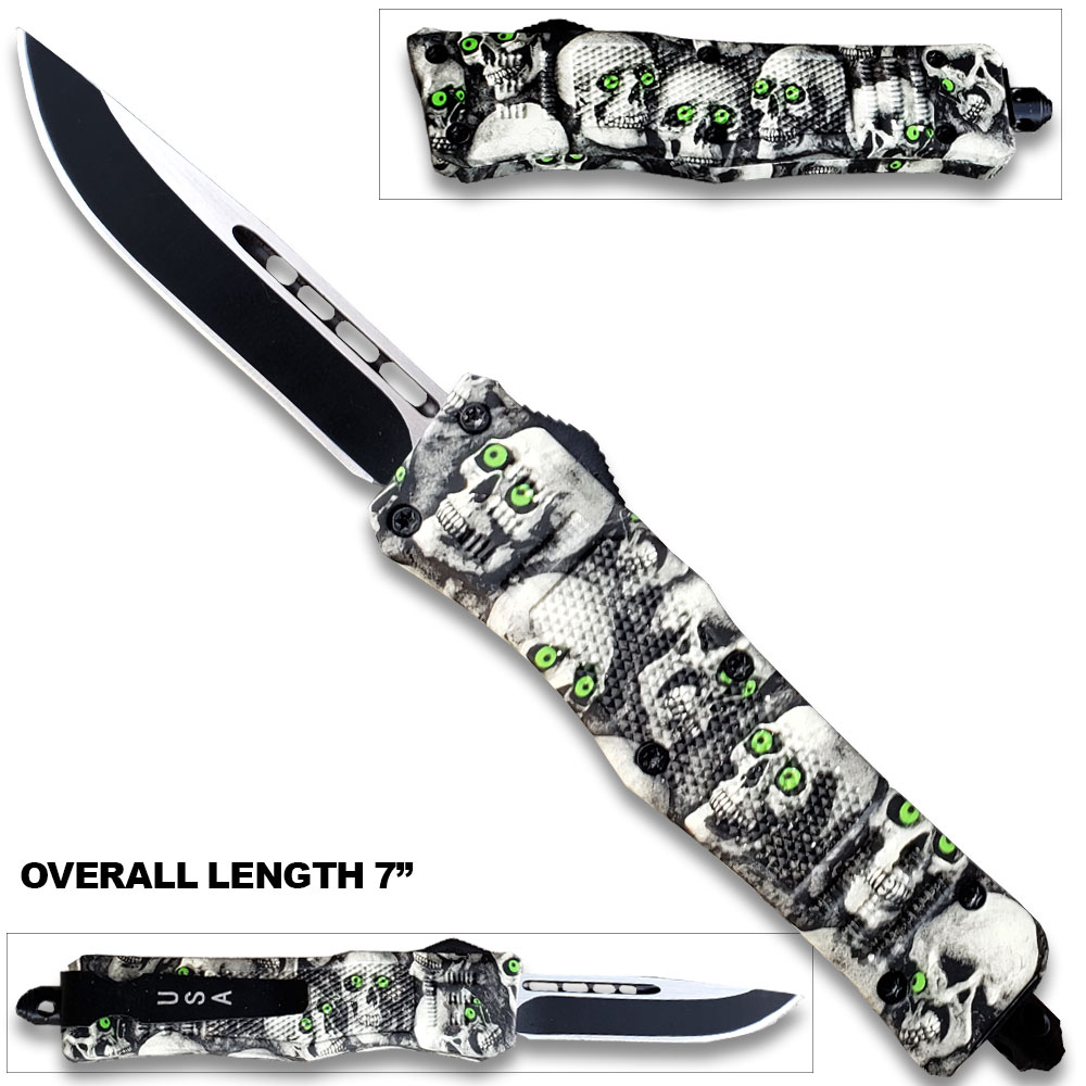 3D Skull with Black & White Zombie Straight Blade OTF Knife W/Green Eye