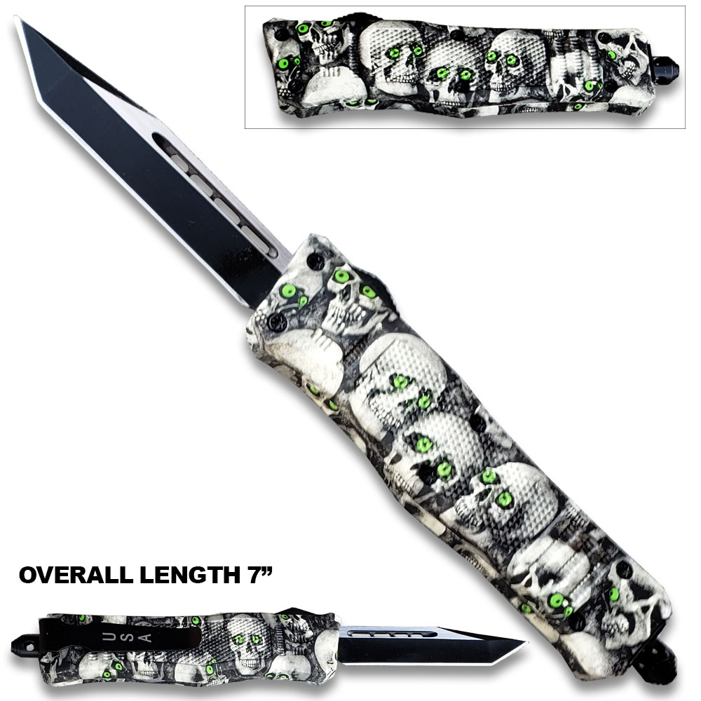 3D Skull with Black & White Zombie Tanto Blade OTF Knife W/Green Eye