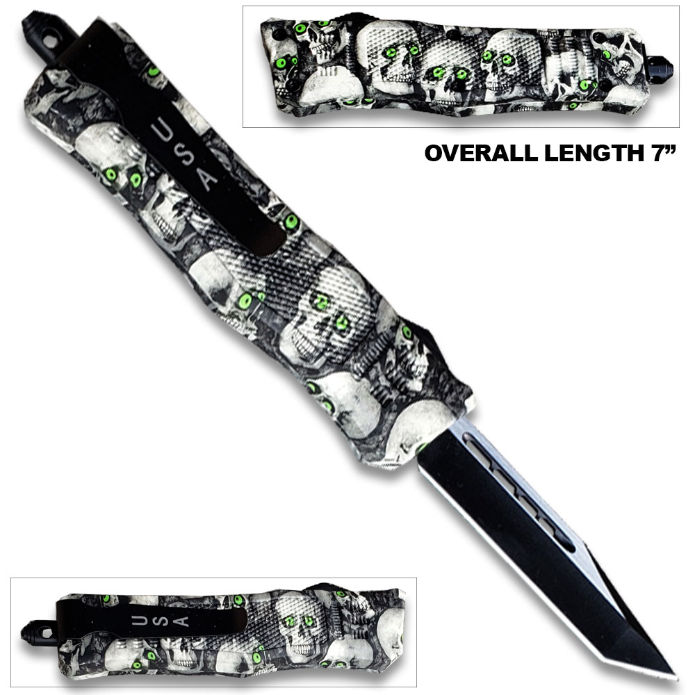 3D Skull with Black & White Zombie Tanto Blade OTF Knife W/Green Eye