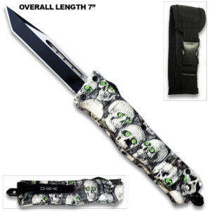 3D Skull with Black & White Zombie Tanto Blade OTF Knife W/Green Eye