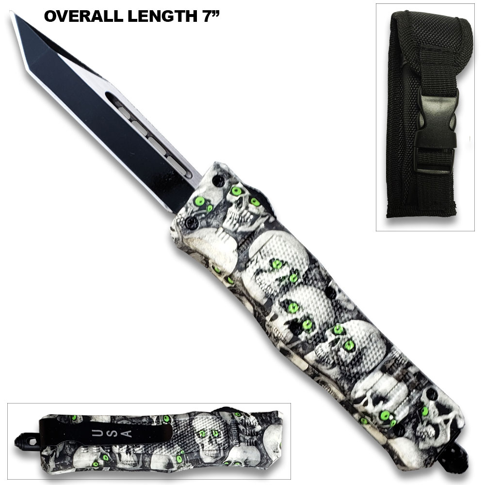 3D Skull with Black & White Zombie Tanto Blade OTF Knife W/Green Eye