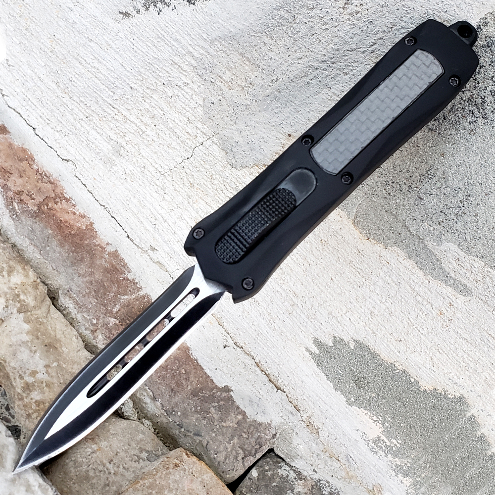 Double Edge OTF Knife Out The Front Tactical Black Carbon Fiber Handle