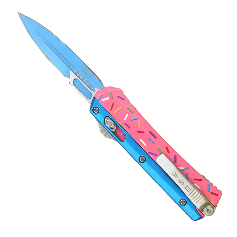 Double Edge OTF Knife With Tactical Rainbow Blade Candy Sprinkles Blue Handle
