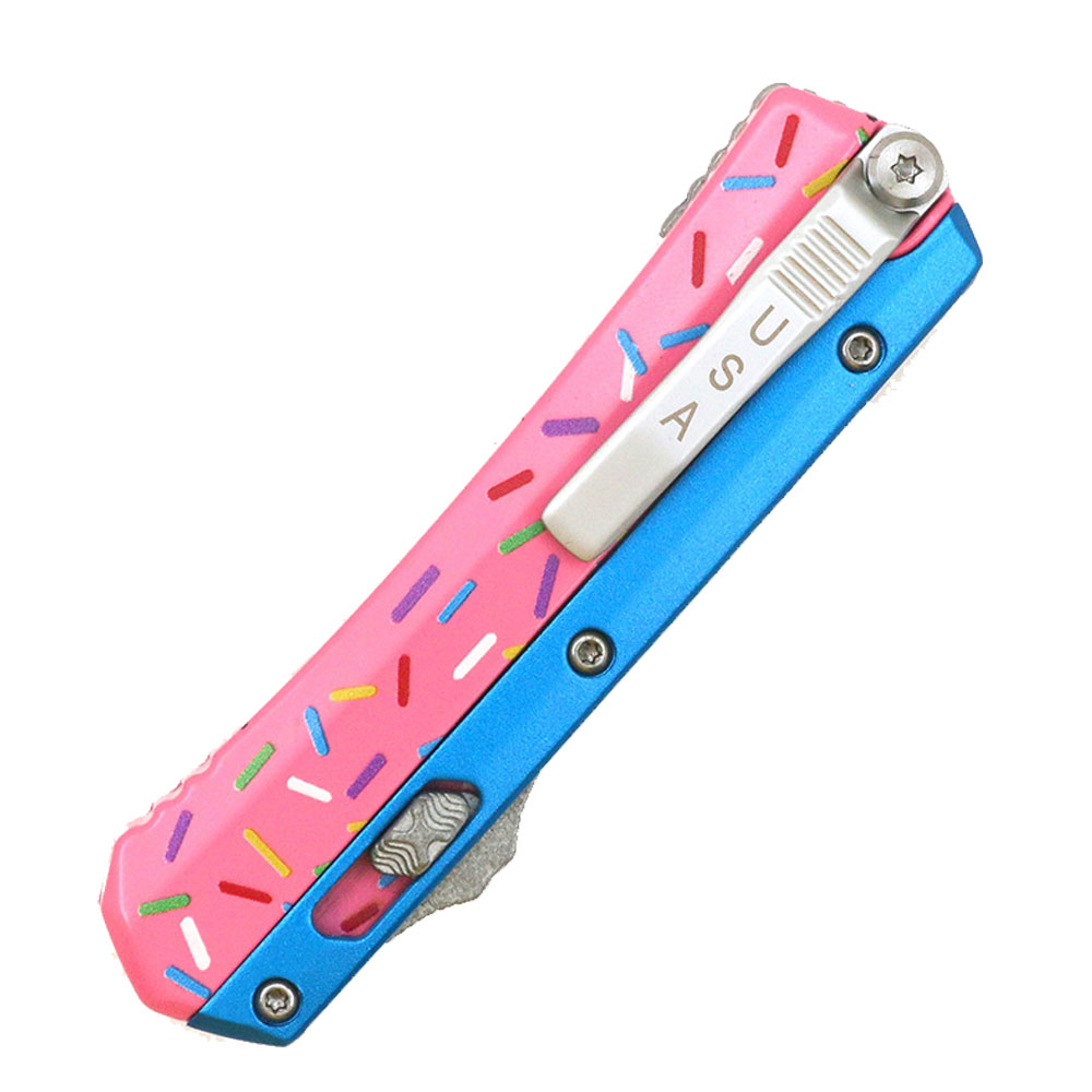 Double Edge OTF Knife With Tactical Rainbow Blade Candy Sprinkles Blue Handle