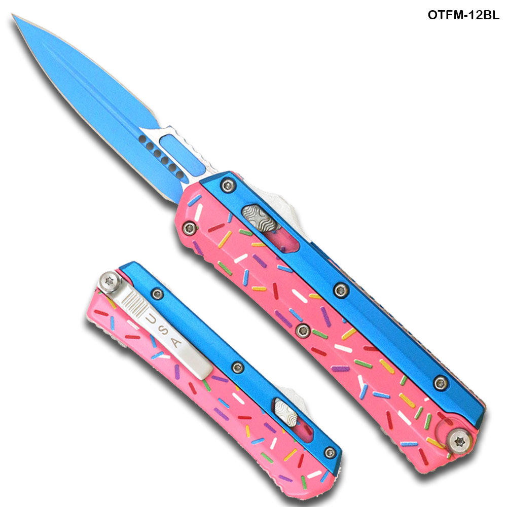 Double Edge OTF Knife With Tactical Rainbow Blade Candy Sprinkles Blue Handle