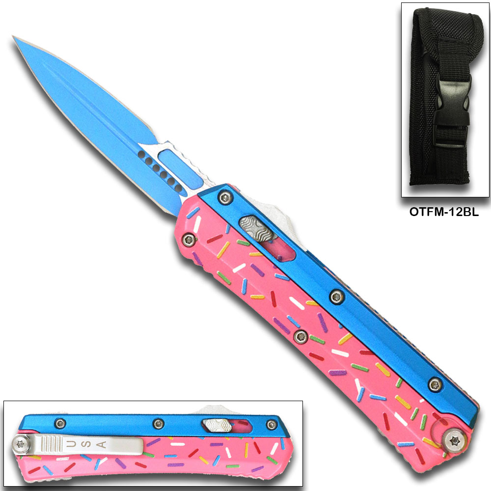 Double Edge OTF Knife With Tactical Rainbow Blade Candy Sprinkles Blue Handle