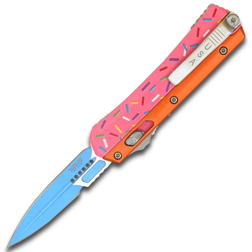 Double Edge OTF Knife With Tactical Rainbow Blade Candy Sprinkles Orange Handle