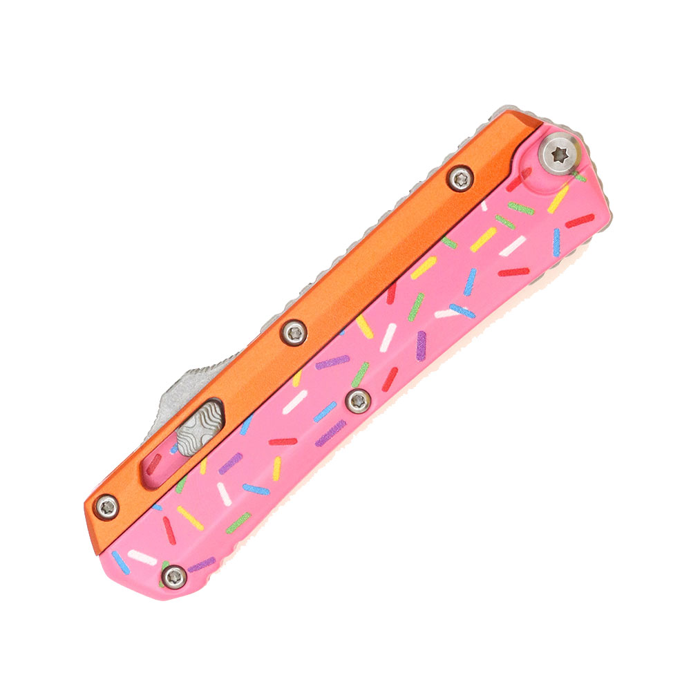 Double Edge OTF Knife With Tactical Rainbow Blade Candy Sprinkles Orange Handle
