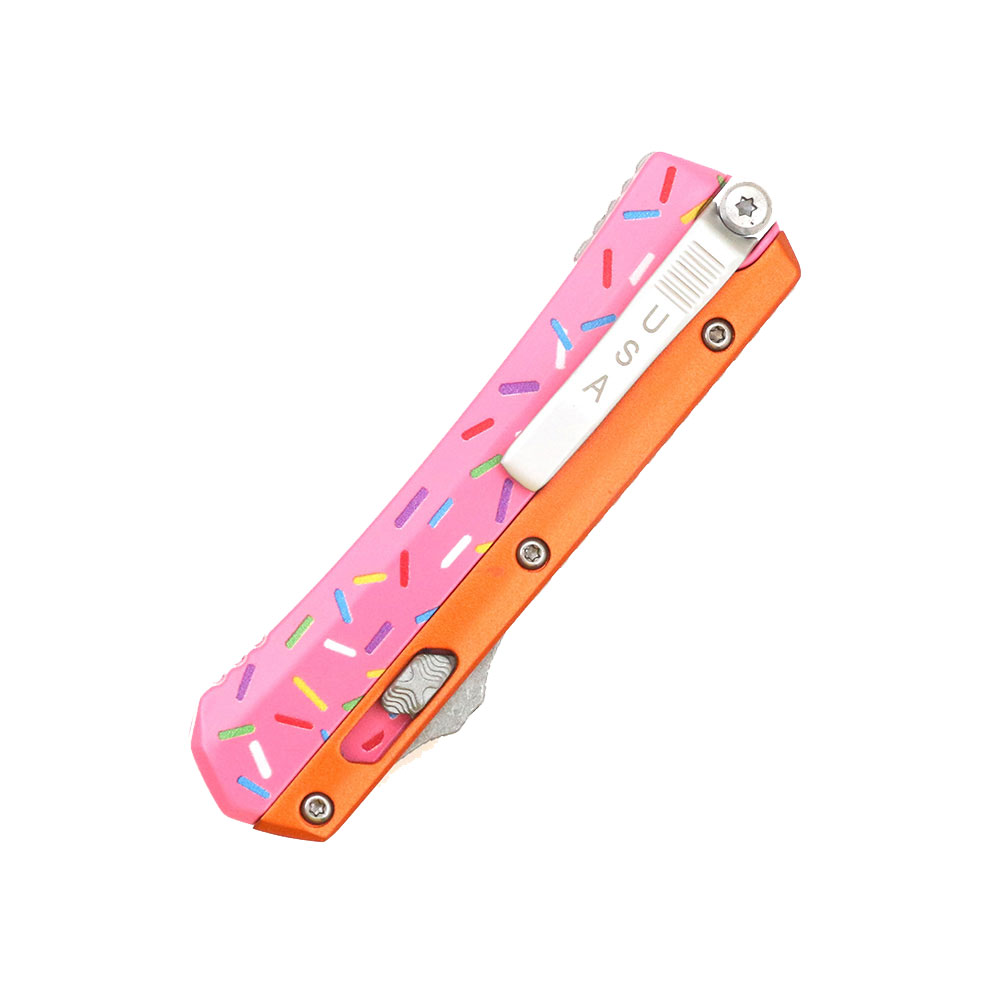 Double Edge OTF Knife With Tactical Rainbow Blade Candy Sprinkles Orange Handle