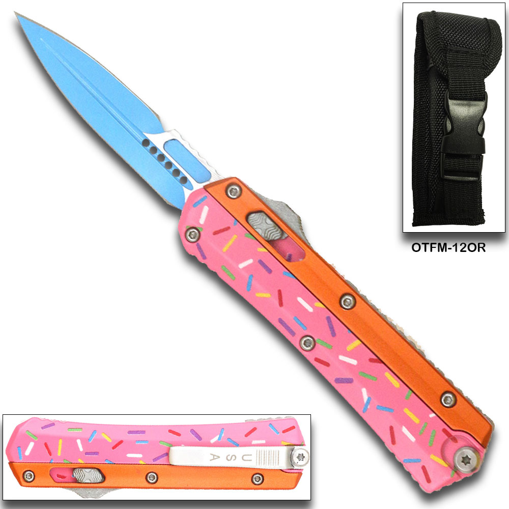 Double Edge OTF Knife With Tactical Rainbow Blade Candy Sprinkles Orange Handle