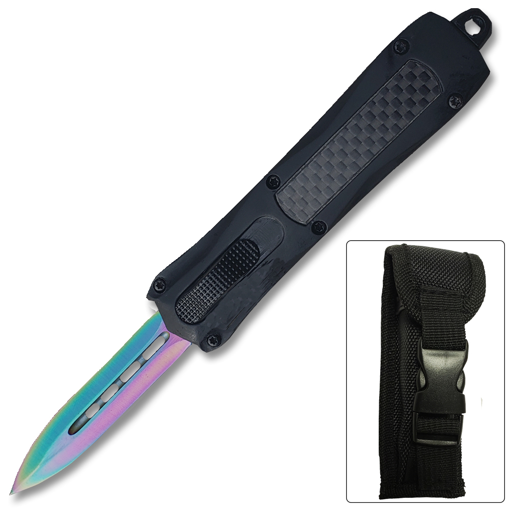 Double Edge OTF Knife Out The Front Tactical Rainbow Blade Carbon Fiber Handle